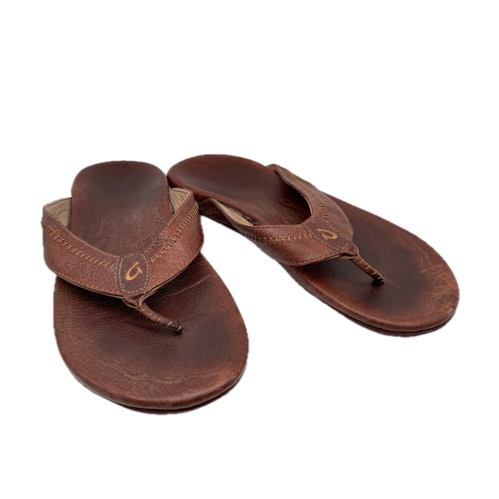 OluKai Hiapo Mens 12 Brown Rum Dark Wood Leather Flip Flop Thong Sandals